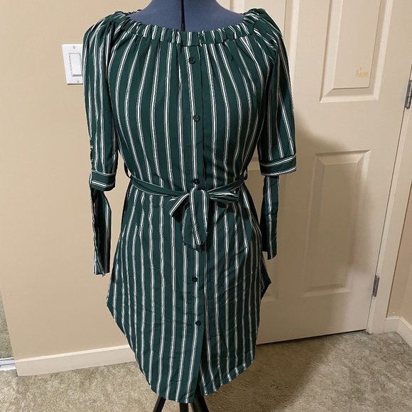 Green And White Striped Off The Shoulder Shirt Dress - Picture 1 of 4
